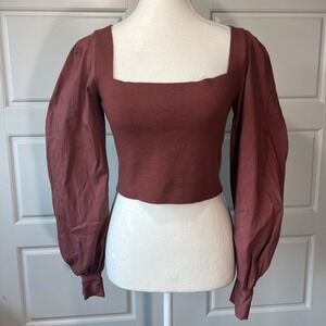 Blue Blush Top Knit‎ Bodice Balloon Sleeve Square Neck Blouse Small S